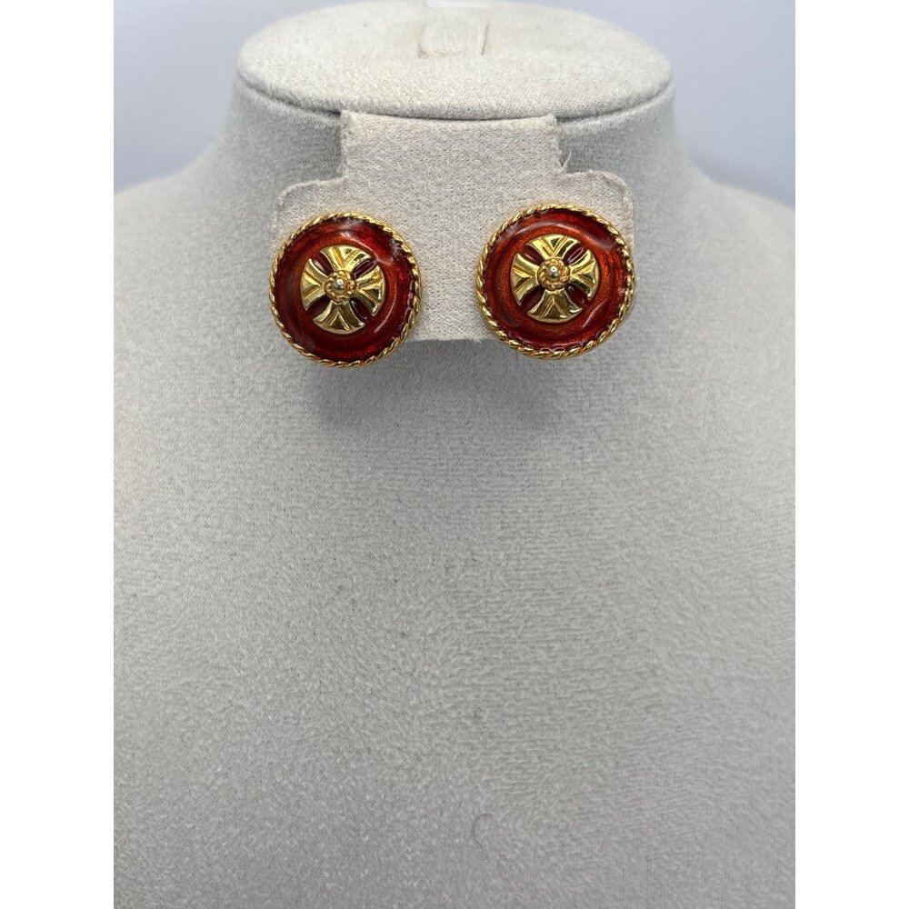 Vintage Gold Tone Rust Red Enamel Maltese Cross Pierced Earrings